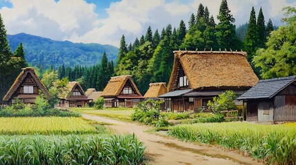 Obraz premium Idyllic Japanese Village with Thatched Roof Houses and Lush Green Rice Fields.
