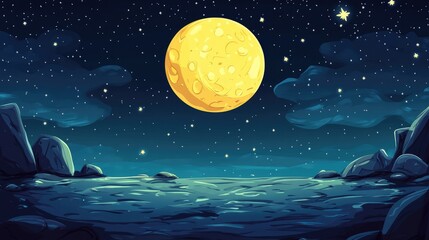 Fototapeta premium A large moon and many stars shine brightly over a dark, rocky landscape.