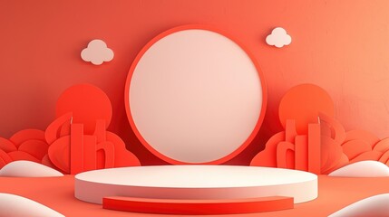 Abstract 3D Minimalist Stage with Red and White Geometric Shapes