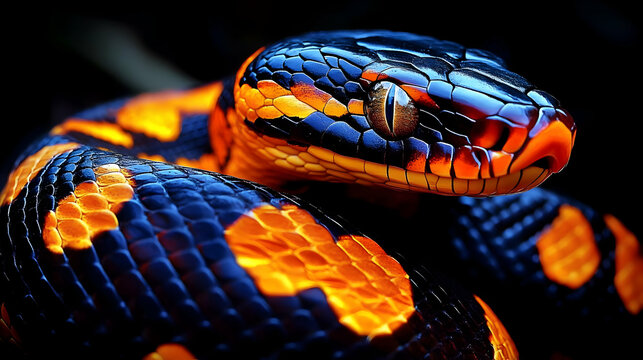 A vividly colored snake with striking orange and black patterns.