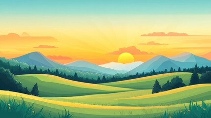 Sunset over rolling green hills with a distant mountain range