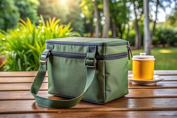 Insulated thermal lunch bag with zipper closure and carry handle sits on a wooden table, perfect for packing hot food or drinks on-the-go.