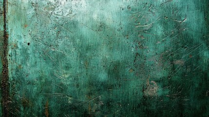 A close-up of a green metal texture with visible scratches and wear, industrial and rugged