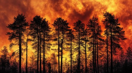 Silhouettes of trees against a fiery sunset, perfect for a bold, nature-inspired quote.