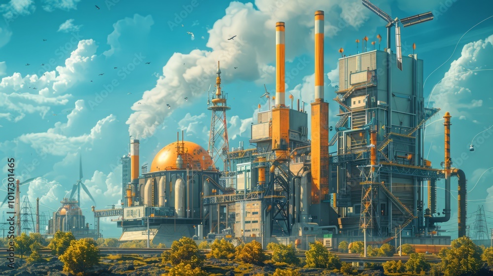 Poster futuristic industrial automation in a dynamic landscape