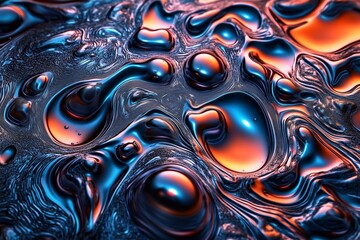 Abstract liquid surface with vibrant blue and orange patterns and textures.