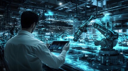 Industry 4.0 , concept of Man hand holding tablet with Augmented reality screen software and blue tone of automate wireless Robot arm in smart factory background. Mixed media. 