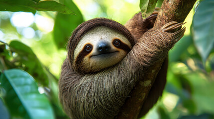 Fototapeta premium sloth hanging lazily from tree branch, showcasing its unique features and relaxed demeanor in vibrant green environment. This adorable creature embodies tranquility and charm