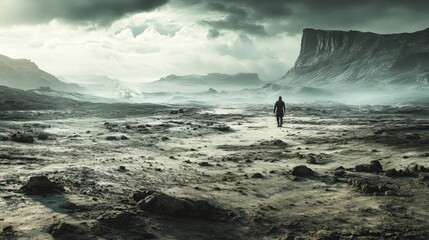 A lone figure walks across a desolate, rocky landscape under a cloudy sky.