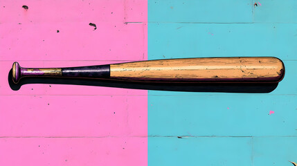 A wooden baseball bat resting on a colorful background.