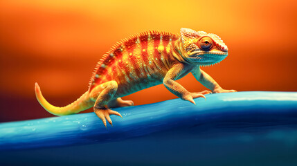 Naklejka premium A colorful chameleon is on a yellow surfboard.