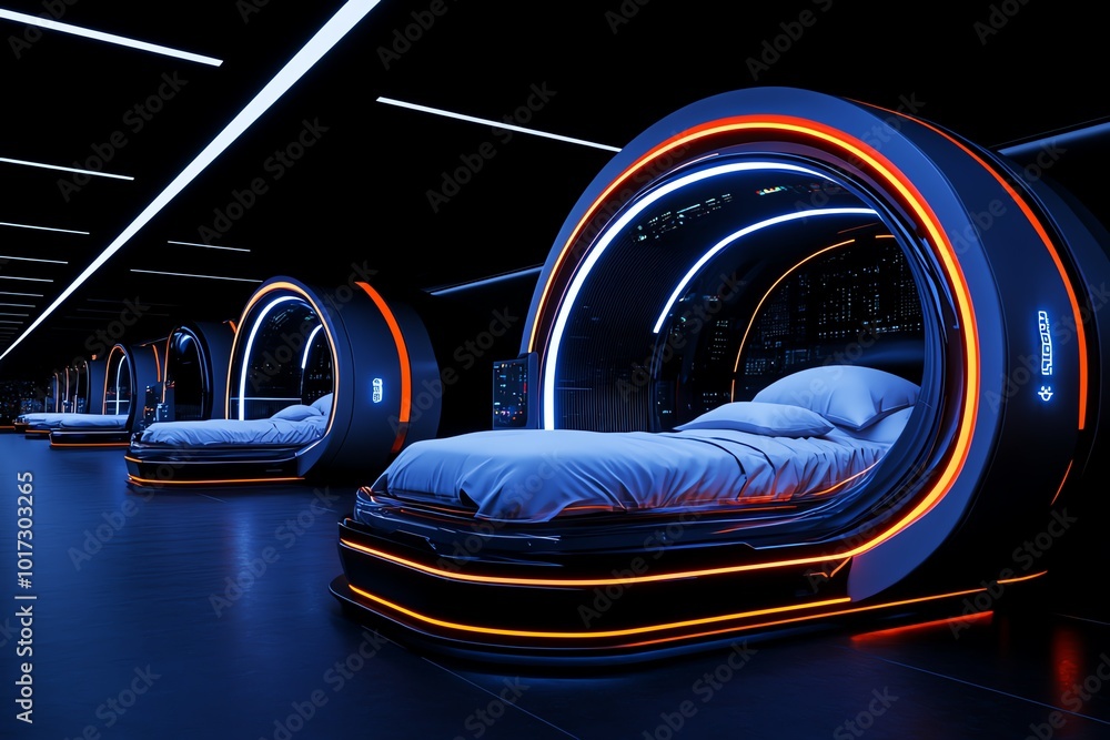 Poster futuristic city where people rest in levitating sleep capsules, using advanced technology to ensure 