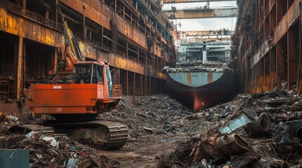Fototapeta premium The recycling process of ships, where valuable components like engines and metal frames are recovered and reused in new ships.