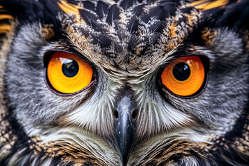 The owl's eyes are yellow and it has a fierce look on its face.