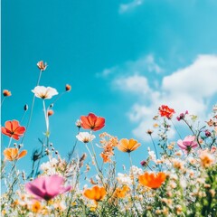 Obraz premium Uplifting nature quote with a background of a meadow full of wildflowers under a bright blue sky, perfect for Facebook.