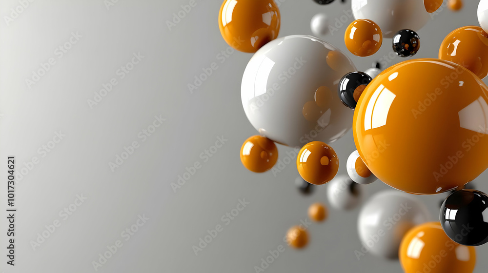 Poster abstract composition of colorful spheres on a gradient background.