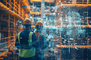 Building engineers, architect people working on construction site with hologram projection displays scaffolding. Building wireframe. 