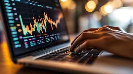 Close up view of hands typing on a laptop computer with financial graphs charts and diagrams displayed on the screen showcasing the concept of data analysis investment and business strategy