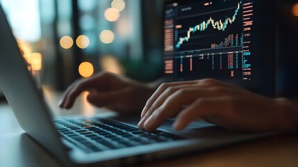 Close up view of hands typing on a laptop computer with financial graphs and charts displayed on the screen representing digital business analytics financial reporting and data driven decision making