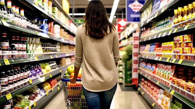 Woman Shopping in Supermarket Aisle with Grocery Cart. Video. Horizontal.