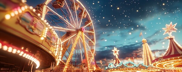 Vintage carnival under a glittering sky full of stars with colorful rides and dreamy lights creating a whimsical and nostalgic atmosphere for a fun and magical