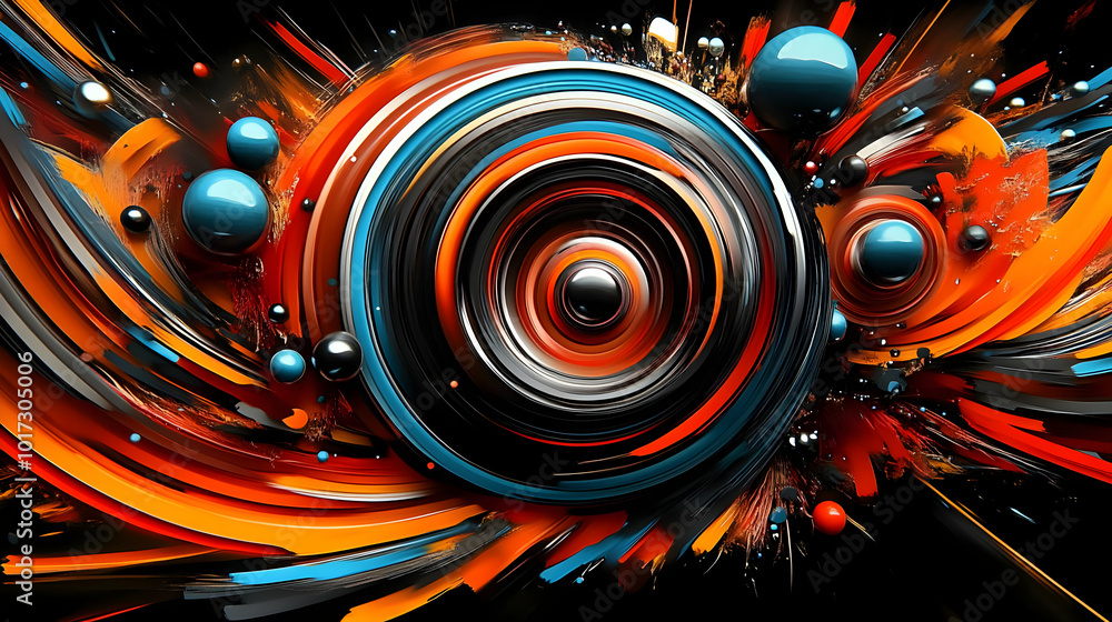 Poster abstract design featuring vibrant colors and circular patterns.