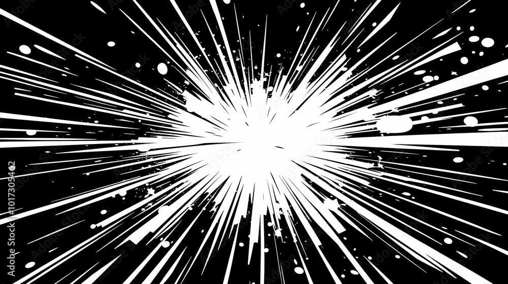 Poster abstract explosion graphic with dynamic lines and contrasting colors.