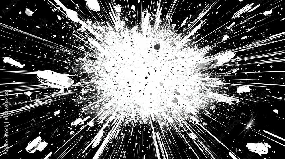 Poster abstract explosion graphic with dynamic lines and particles.