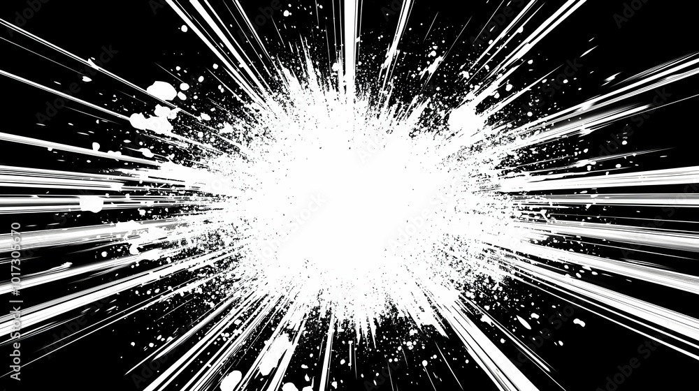 Poster abstract explosion graphic with radiating lines and splashes.