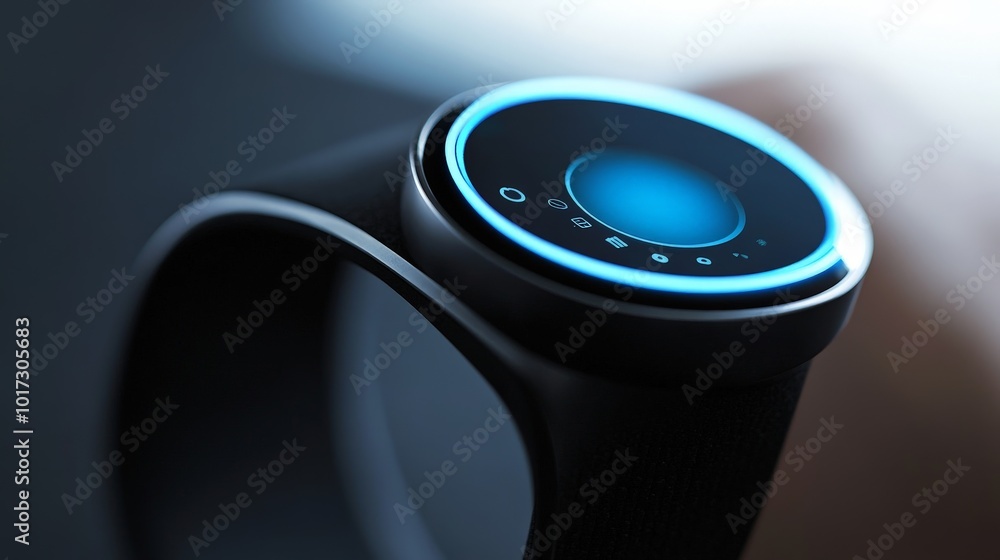 Poster wearable technology design for fitness, focusing on minimalist designs with embedded sensors for rea