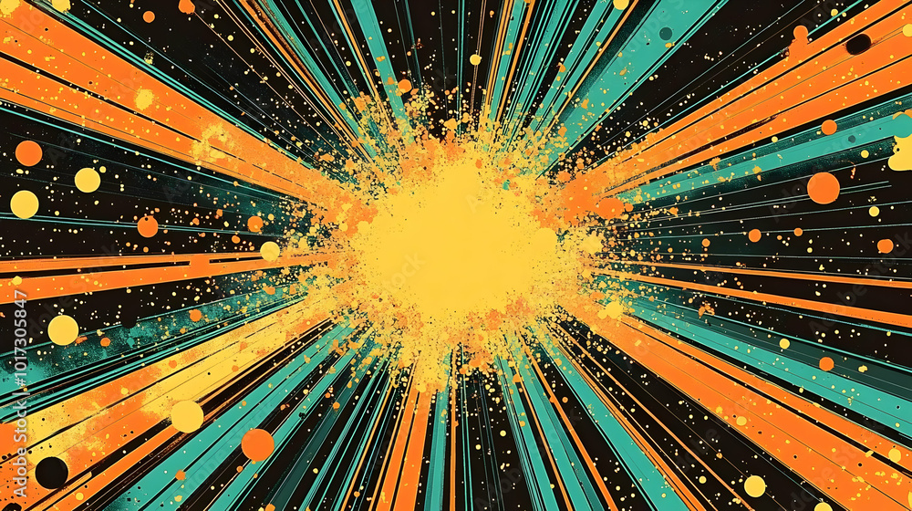 Poster abstract explosion of colors with radial lines and splatter effect.