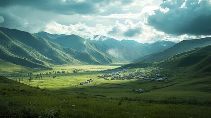 Obraz premium Serene Mountain Valley Landscape with Village