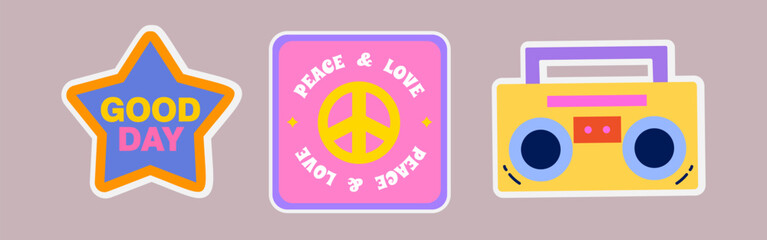 Obraz premium Good Day, Peace and Love, and Boombox Retro Stickers for Fun Designs