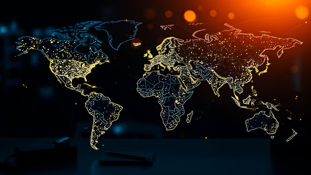 A world map with illuminated nodes and connecting lines, showcasing the global reach and connectivity of digital businesses
