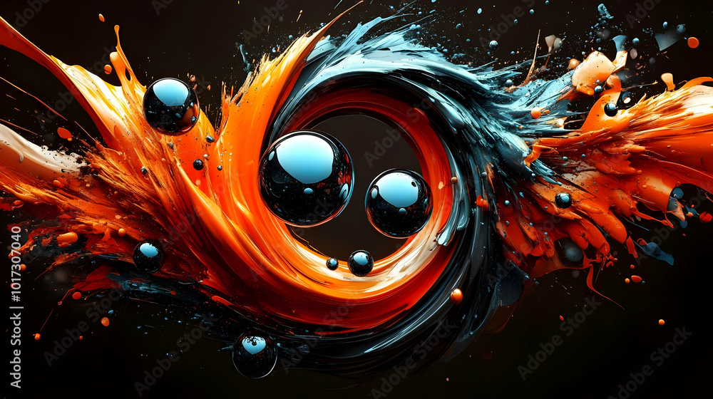 Poster abstract swirling colors with bubbles, showcasing dynamic motion.