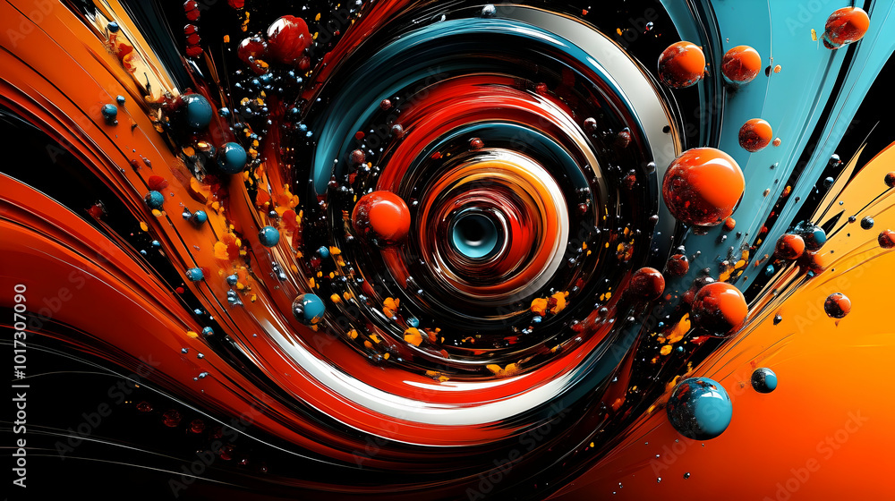 Poster abstract swirling patterns with colorful spheres and dynamic motion.