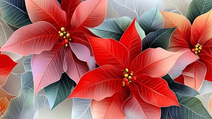 Obraz premium Red and Green Poinsettia Leaves Closeup Abstract Floral Texture