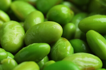 Fresh edamame soybeans as background, closeup view