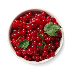 Ripe red currants with green leaves in bowl isolated on white, top view