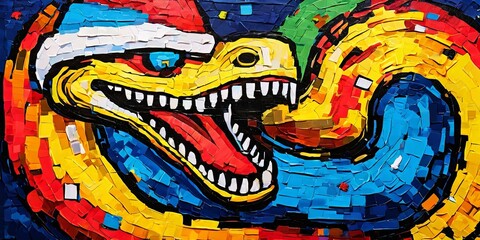 A colorful snake with a red hat on its head