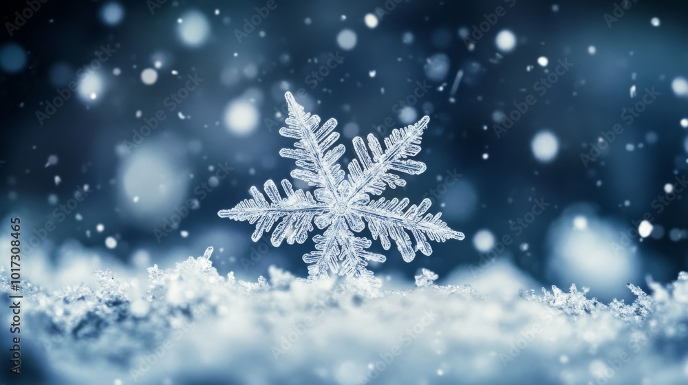 Aufkleber a single snowflake rests on a bed of snow with a blurred background of falling snow.