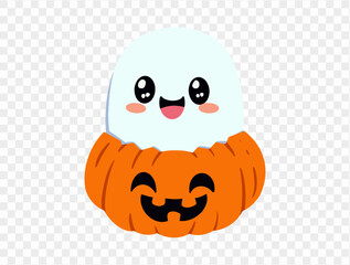 Happy cute smile ghost  hug halloween pumpkin isolated on png or transparent background.Halloween party banner. vector