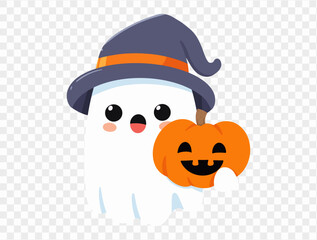Happy cute smiling white ghost  wear witch hat hold Halloween pumpkin isolated on png or transparent background,Halloween party banner, blank space for text, element template for poster, brochures. ve