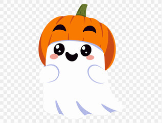 Happy cute smiling ghost  wear Halloween pumpkin helmet isolated on png or transparent background,Halloween party banner, blank space for text, element template for poster, brochures. vector