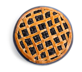 Tasty homemade pie with blueberries isolated on white, top view