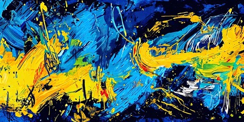 A painting of a blue and yellow line with splatters of paint