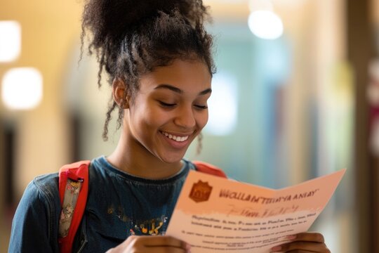 A student reading a welcome letter from the university, smiling as they prepare for the upcoming school year and new experiences