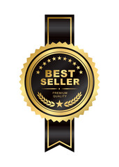 Best seller sticker label with ribbon, gold badge and Black ribbon with Stars and laurel wreath Decoration vector isolated Premium Quality text product, for book cover label or your product the Best