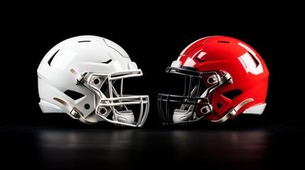 Fototapeta premium Two football helmets facing each other, white and red, against a dark background, symbolizing competition and team rivalry.