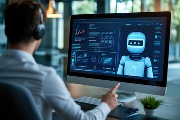A business professional monitors an AI-powered customer service chatbot on their computer, analyzing the system's effectiveness in managing customer interactions